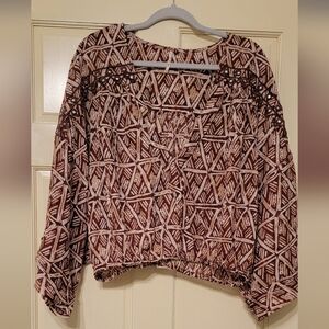 Free People Geometric Print Blouse in Brown and Cream SIZE XL